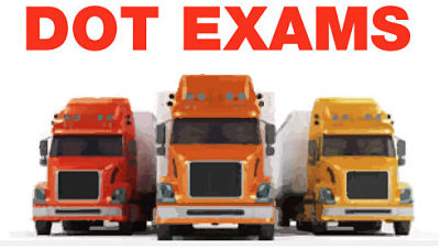 A picture that says DOT EXAMS with three big trucks in the picture