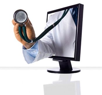 A Doctor hand is coming through a computer screen while holding the end of a stethoscope